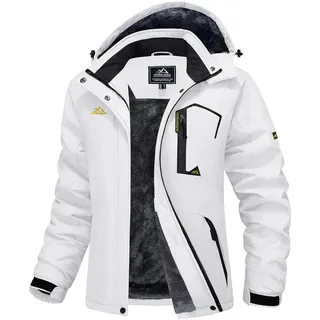 MAGCOMSEN Damen Winterjacke Skijacke Parka Thermojacke Laufjacke Warme Wasserdicht Winddicht mit Fleece Kapuze Weiß S