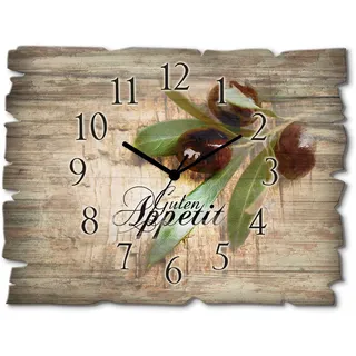 ARTland Wanddeko Wanduhr ohne Tickgeräusche aus Holz Quarzuhr 40x30 cm Rechteckig Lautlos Guten Appetit Essen Olive Food Ländlich H6ZI