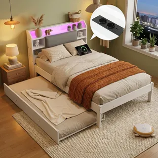 Funktionsbett 120x200 cm mit Ausziehbett 90x190 cm, LED, gepolstertem Kopfteil, Regal und Ladestation, Ausziehbett links/rechts montierbar, Holzbett, Weiß - Weiß