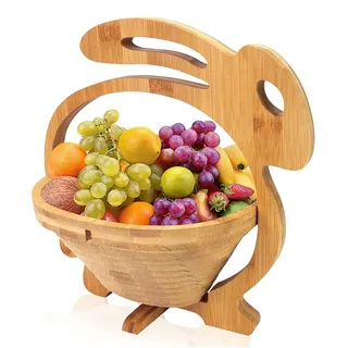 gmmh Ostereierkorb, Obstkorb und Topfuntersetzer aus Bambus (Hase) Ostern Ostereier Eierkorb, Faltbare Obstschale, Korb Schale Klappkorb Faltkorb Dekoschale aus Holz, Faltbar und Schwenkbar