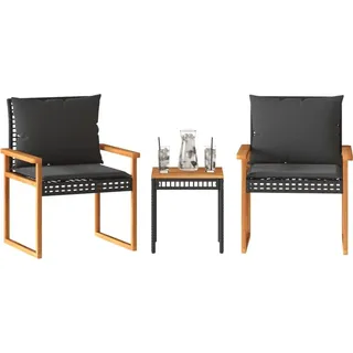 vidaXL 3-tlg. Bistro-Set mit Kissen Schwarz Poly Rattan Akazienholz - Schwarz