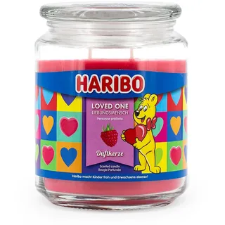 Haribo Duftkerze im Glas | Loved One 510g | Fruchtiger Duft von Himbeere & Johannisbeere | 100h Brenndauer | 2 Dochte | Geschenkidee für Valentinstag & Romantik