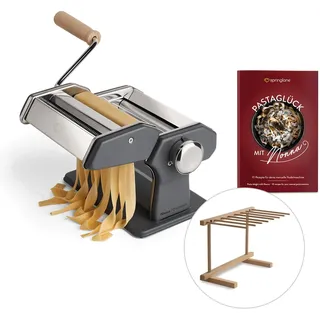 SPRINGLANE Manuelle Nudelmaschine Nonna, Edelstahl, Pastamaker inkl. Rezeptheft, Nudeltrockner & 3 Schneideaufsätze für Spaghetti, Lasagne, Tagliatelle - Grau