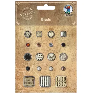 Ursus 40520002 - Brads im rustikalen Vintage Design, 19 Stück in verschiedenen Farben, Formen und Größen, asu Metall, ideal zum Dekorieren von Geschenken, Karten und Bilderrahmen
