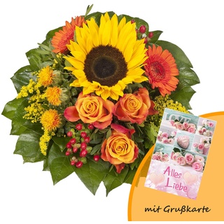 Dominik Blumen und Pflanzen, Blumenstrauß "Sonnenlicht" mit einer Sonnenblume, orangen Rosen, Germini, Färberdistel und Goldrute und Grußkarte "Alles Liebe"