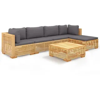 6-tlg. Garten-Lounge-Set mit Kissen Massivholz Teak - Braun, Dunkelgrau