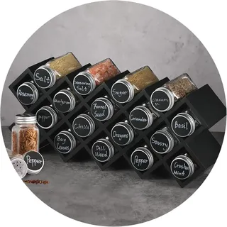 ecooe Bambus Gewürzregal Gewürzständer für Küchenschrank und Arbeitsfläche Gewürzhalter mit 18 Gewürzgläsern und Labeln Deckel aus Aluminium (schwarz)