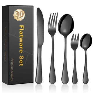 Cinnani Schwarz Besteck Set 6 Personen, 30 Teilig Edelstahl Besteckset, Essbesteck Set mit Messer Gabel Löffel, Schwarzes Besteck für Haus Party Restaurant, Spülmaschinenfest