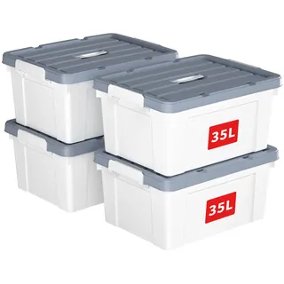 Cetomo 35L*4 Kunststoff-Aufbewahrungsbox Box mit haltbarem Deckel und Sicherheitsverschluss stapelbar und verschachtelbar 4 Stück Weiß