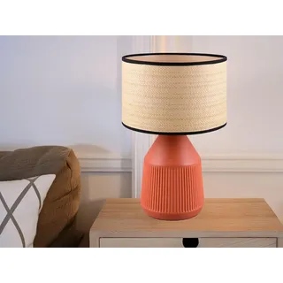 Große LED Tischlampe mit Keramikfuß Terrakotta & Lampenschirm Papier geflochten
