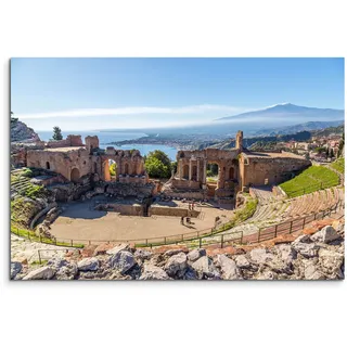 120x80cm Leinwandbild auf Keilrahmen Theater Ruinen Vulkan Etna Meer Morgensonne Wandbild auf Leinwand als Panorama
