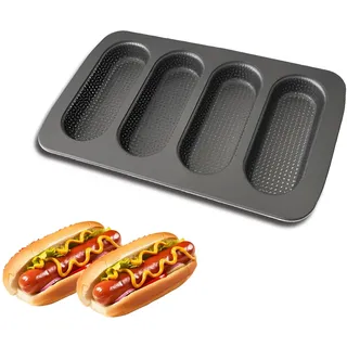 JSJMOFA Hotdog Brötchenform, Mini Baguette Backform für Hotdogs, Antihaft Hot Dog Brötchenform, Brötchen Backform Länglich, Gelochte Brotbackform aus Kohlenstoffstahl, Schwarz