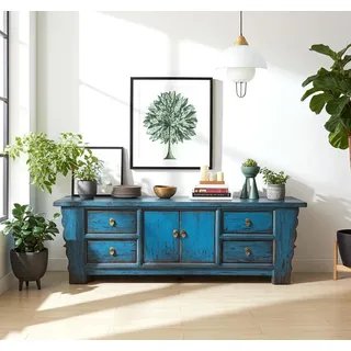 Chinesisches Lowboard Sideboard Kommode Schrank Möbel orientalisch asiatisch Büffet Anrichte blau China Shabby Chic Vintage Holz - Blau