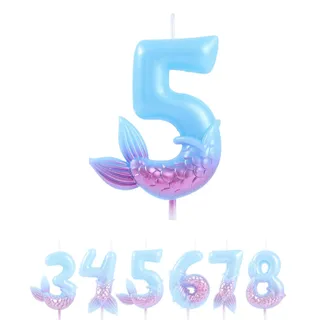 EAKE Meerjungfrau-Kerzen, 5 Geburtstagskerzen, verträumtes Blau, Lila, Zahl 4, für Mädchen, Happy 5th Mermaid Thema, Geburtstagsparty, Zubehör, Dekorationen
