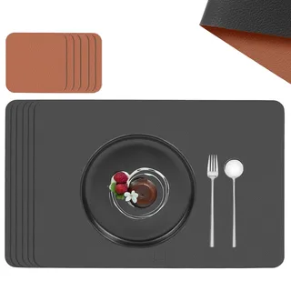 SÄNGER Untersetzer & Platzsets abwaschbar aus Kunstleder 12 teilig | Tischuntersetzer für 6 Personen-rutschfest doppelseitig wasserdicht-Tischset Untersetzer Anthrazit Braun 44,5*30cm