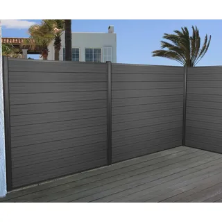 WPC-Sichtschutz Sarthe, Windschutz Zaun, Alu-Pfosten 3er Set, 5,6m anthrazit - Braun