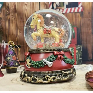 Weihnachts Schneekugel mit Musik | Schaukelpferd | B: 10 cm | 20280 | Breite: 10cm, Höhe: 14 cm | Sockel Weihnachtsdekor rot | Schüttelkugel Weihnachtsdekoration | mit Musik