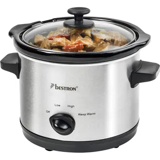 Bestron Slowcooker für 2 Personen, Schongarer mit Keramikpfanne & Glasdeckel, 3 Stufen-Thermostat, ideal für viele Gerichte wie Fleisch, Suppen & Gemüse, 1.5 Liter, Farbe: Silber