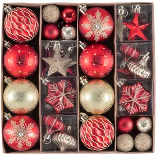 Valery Madelyn Weihnachtskugeln 60tlg. Kunststoff Christbaumkugeln Weihnachtsbaumschmuck Dekoration Weihnachtsdeko mit Aufhänger Glänzend Glitzernd Matt Thema Rot Gold(M)