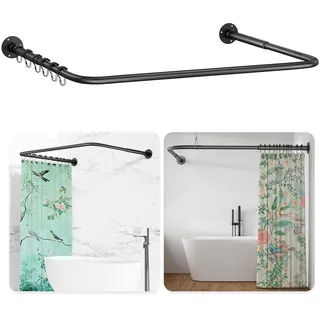 Duschvorhangstange U Form/L Form, [60-92] × [78-196] × [60-92] cm Verstellbare Duschstange Ecke mit 12 Vorhangringen & Deckenstütze für Badewanne/Badezimmer, Bohr-Montage Erforderlich, Schwarz