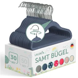 Blumtal Kinderkleiderbügel 30 Stück mit Samtbezug - 360° drehbare Kinder Kleiderbügel - platzsparend und robust - Baby Kleiderbügel rutschfest - Dunkelblau gepunktet