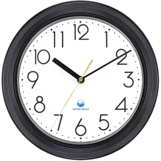 KIZLOC 28 cm Outdoor Uhr Garten Wasserfest, Gartenuhr Außen Wetterfest, Leicht Ablesbare Lautlose Batteriebetriebene Runde Wanduhr für Draußen Pool Balkon Badezimmer (Schwarz)