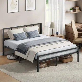 VASAGLE Metallbett 140 x 200 cm, stabiler Bettrahmen mit Kopfteil und Lattenrost, Bettgestell, einfache Montage, schwarz - Schwarz