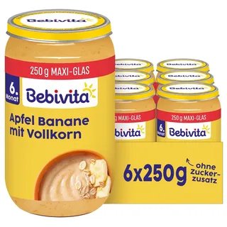 Bebivita Apfel Banane mit Vollkorn (6 x 250g), ab 6. Monat, ohne Zuckerzusatz, mit wertvollem Getreide, fein püriert und babygerecht mild