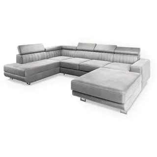 masseno Wohnlandschaft mit Schlaffunktion U-Form, Sofa mit Bettkasten, Wohnzimmersofa, Couch, Soffa, Bettsofa, Couchgarnitur- Hellgrau, Monolith 84