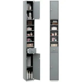COSTWAY Badschrank Hochschrank schmal, Badezimmerschrank mit 2 Türen, 1 Schublade und verstellbaren Regalen, platzsparender Badregal für Badezimmer, Wohnzimmer, Küche, 20 x 20 x 180 cm (Hellgrau) - Grau