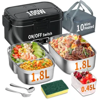 SOOOEC Elektrische Lunchbox 100W, 3-in-1 tragbare beheizte Lunchbox, Herausnehmbare Edelstahl-Brotdose, 12V/24V/220V Isolierte Wärmebox für Auto/Lkw/Büro, Mit isolierter Tasche (Black, STS1.8L)