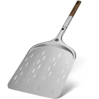 BURNHARD® Pizzaschieber Pizza Peel | Aluminium-Pizzaschaufel perforiert, Akazienholz-Griff, Steckmechanismus, temperaturbeständig, 67 x 29 x 1,6 cm