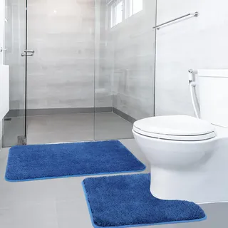 SOANNY Badematten Set 2-teilig, Mikrofaser Badezimmerteppich, rutschfest & Waschbar, 50x80 cm Badvorleger & 50x50 cm Toilettenmatte, Blau