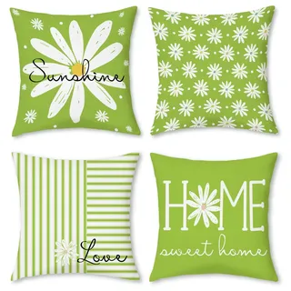 Hopomoon 4er Set Kissenbezüge 45x45 cm Grün mit Gänseblümchen – Frühlings Deko Sofakissenbezüge Bauernhaus Stil, Dekokissen Bezug für Wohnzimmer Schlafzimmer Balkon Couch