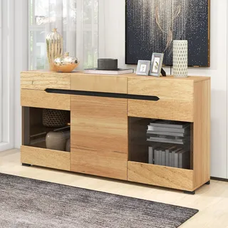 Merax Sideboard Wildeiche Farbe mit LED, Anrichte mit Glasablage, Kommde Modern - Braun