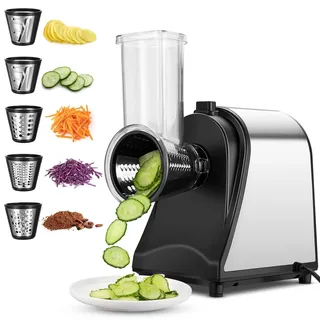 COOCHEER Gemüsehobel Elektrisch Edelstahl, 250W Multi Gemüseschneider Gemüsereibe Küchenreibe Gemüseraspel mit 5 Schneidetrommeln