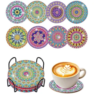 JUKOTA 8 Stück Diamond Painting Untersetzer Mit Halter, Kunst-Diamant-Malerei,Diamond Painting Erwachsene zum Basteln,DIY Mandala Untersetzer rutschfest für Anfänger, Erwachsene & Kinder
