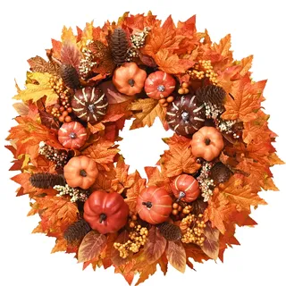 Alishomtll Herbstkranz Deko für Haustür Wand Tisch Fenster, 50 cm Herbst Dekoration mit Künstliche Kürbis Ahorn Beere Tannenzapfen, Türkränze für Halloween Thanksgiving Holiday Dekoration (Orange)