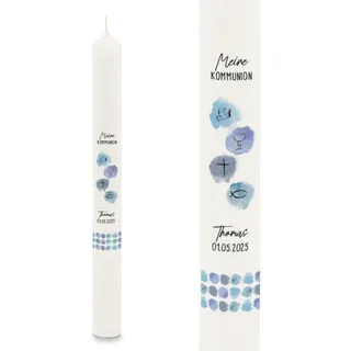 GRAVURZEILE Bedruckte Stabkerze - Watercolor - Personalisiert mit Name & Datum - Geschenk zur Taufe, Kommunion oder Konfirmation - Für Jungen & Mädchen - Altarkerze 400/40 mm - Blau