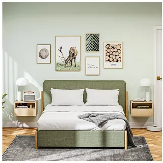 Homcom Nachttisch hängend 2er Set, schwebender Nachtschrank mit Schublade, offenes Fach, Wandregal, Nachtkommode für Schlafzimmer, Wohnzimmer, Naturholz, 45