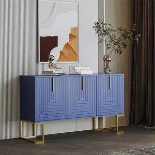 Merax Sideboard mit 3 Türen und verstellbaren Einlegeböden, Kommode mit Metallsockel, Anrichte Buffet Schließfachschrank Schrank, 138x80.5x40cm, Blau - Blau