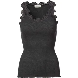 Spitzentop ROSEMUNDE "Babette Silk Top mit Seide", Damen, Gr. XL, dunkelgrau melange, Feinstrick, Obermaterial: 70% Seide, 30% Baumwolle, körpernah hüftbedeckend, Rundhals, Tops Spitzentop, Vintage-Spitzenbesatz, mit Rundhalsausschnitt, hoher Seidenanteil