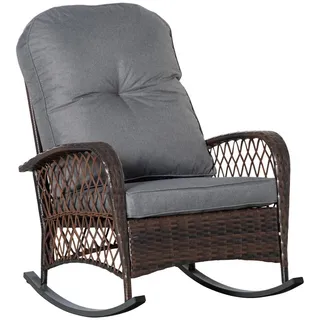 Outsunny Poly Rattan Schaukelstuhl mit Kissen Braun 75 x 98 x 91 cm , Kunststoff , 98x91x75 cm , Gartenmöbel, Gartensessel, Gartenstühle