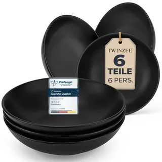 Steingut Suppenteller Set für 6 Personen - 6-teiliges Set in Matt-Schwarz, Mikrowellengeeignet, Große Tiefe Teller für Pasta und Suppe - Twinzee Ebony Collection