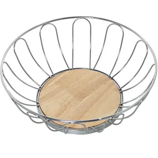 DRW Runde Obstschale aus Metall mit Holzboden aus Chrom und Natur, 28 x 10 cm, Basis 16,5 cm