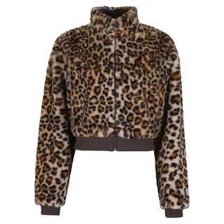 URBAN CLASSICS Damen Kunstfell Jacke Ladies Cropped Faux Fur Leo Jacket, kurzer Teddy Blouson mit Leopardenmuster, weiche Leo-Felljacke, Größen XS - XL