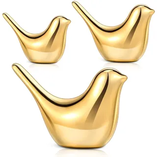 Irenare 3er Set Vogel Dekor Figur Keramik Vogel Statue Kleine Moderne Vogelfiguren Wohnkultur Dekorative Ornamente für Regal Desktop Wohnzimmer Schlafzimmer Schränke Bürodekorationen, 3 Größen (Gold)
