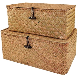 Esoes Aufbewahrungskorb aus geflochtenem Rattan, Aufbewahrungsbox mit Deckel, Seegras, Wäschekörbe, Make-up-Organizer für Badezimmer, Wohnzimmer, Küche