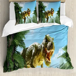 ABAKUHAUS Fantasie Bettbezug, Jurassic Monster Fossil, Milbensicher Allergiker geeignet mit Kissenbezügen, 155 cm x 220 cm - 80 x 80 cm, Sky Blue Farn-Grün - Blau