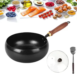 Unbeschichtete Eisenpanne, Eisen Wok, 26cm Hand-Schmiede Antikleber Eisen Pfanne ohne Beschichtung, langlebig und rostfrei für Herd Gas Rühren Bratpannen Runde Boden mit Glasdeckel (Hammermuster)